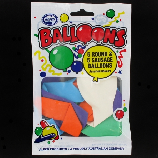 Sausage & Round Balloons Pk10 (Assorted Colours) - Alpen