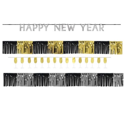 Happy New Year Black Silver Gold Banner Kit 4 Piece