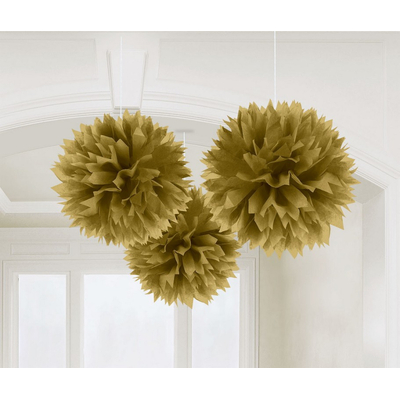 Metallic Gold Fluffy Hanging Pom Pom Decorations 40.64cm (Pk 3)