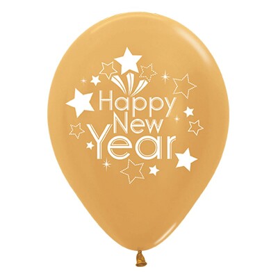 Metallic Gold Happy New Year 30cm Latex Balloons Pk 6