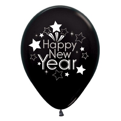 Metallic Black Happy New Year 30cm Latex Balloons Pk 6