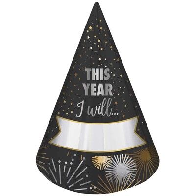 Customisable New Years Resolution Foil Party Cone Hats Pk 8