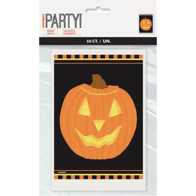 Halloween Pumpkin Glow Plastic Treat Lolly Bags Pk 50