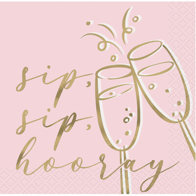 Pink & Gold Sip Sip Hooray 2 Ply Beverage Napkins (Pk 16)