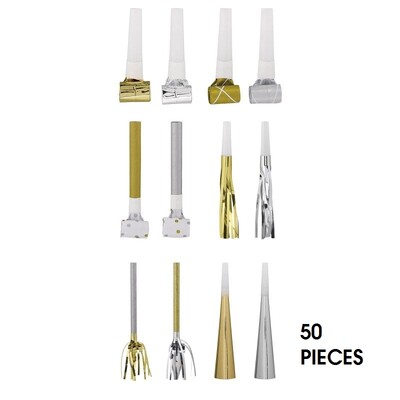 Gold & Silver Horns & Blowouts New Year Noise Makers Pk 50