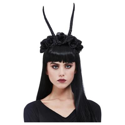 Black Demon Horn & Flower Headband Halloween