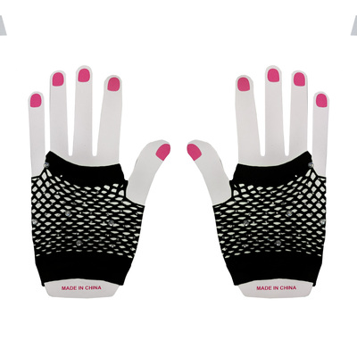 Short Black Fingerless Fishnet Gloves with Crystals