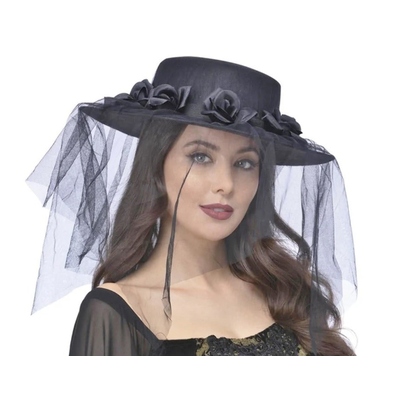 Black Gothic Widow Funeral Hat with Roses & Veil