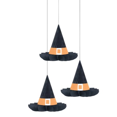 Hanging Honeycomb Witches Hat Decorations Halloween 27cm Pk 3