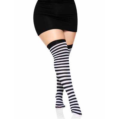 Adult Opaque Black White Stripe Thigh High Stockings Plus 1X/2X