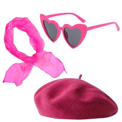 Pink Beret Glasses Scarf Costume Accessory Set