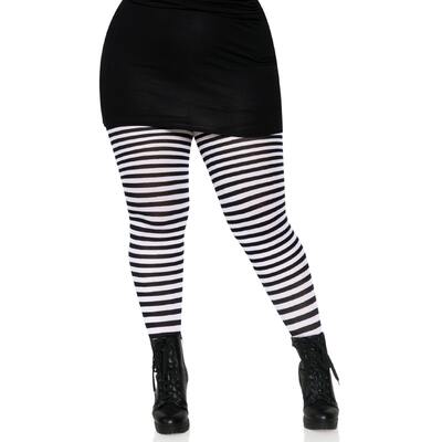 Adult Tights Opaque Black White Stripe Stockings Plus 3X/4X