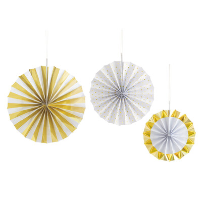 Gold and White Paper Fan Decorations (Pk 3)