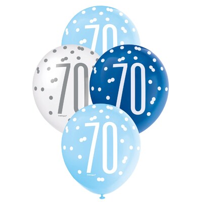 Metallic Blues & White Number 70 Latex Balloons 30cm (Pk 6)