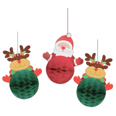 Christmas Honeycomb Santa Reindeer Hanging Decorations Pk 3