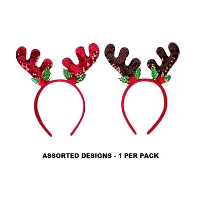 Red or Brown Reversible Sequin Christmas Antlers Headband Pk 1