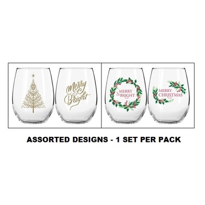 Christmas Stemless Wine Glasses Tumblers Pk 2 Assorted