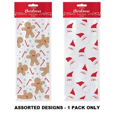 Santa or Gingerbread Christmas Cello Treat Bags & Ties Pk 15