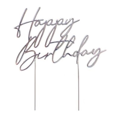 Silver Happy Birthday Metal Cake Topper