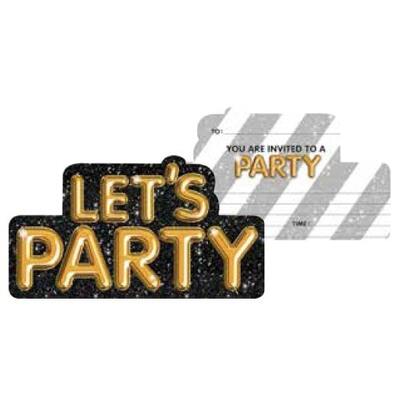 Gold Lets Party Invitations & Envelopes Pk 8