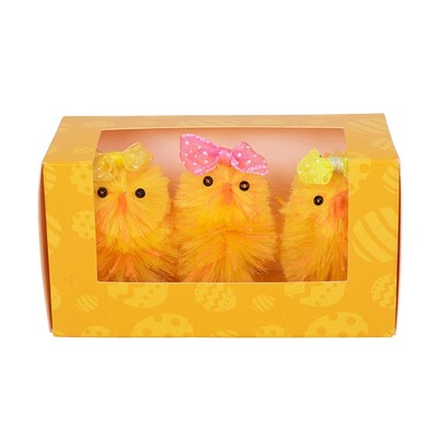 Fluffy Easter Chicks with Bow Decorations 6cm Pk 3