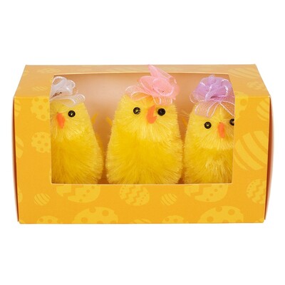 Fluffy Easter Chicks Decorations with Rosette 6cm Pk 3