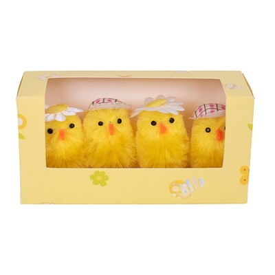 Fluffy Easter Chicks with Cap & Daisy 5cm Pk 4 Decorations