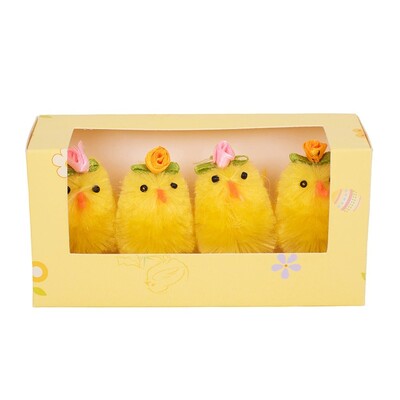 Fluffy Easter Chicks with Ribbon Rose 4cm Pk 4 Decorations