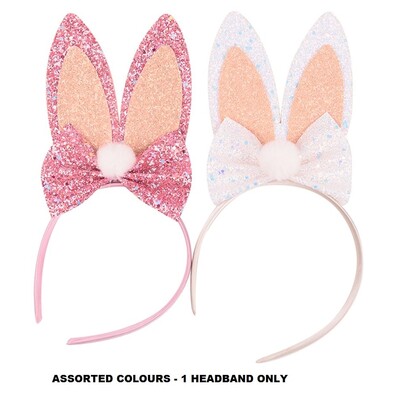 Easter Bunny Iridescent Glitter Ears & Bow Headband Pk 1 Pink or White