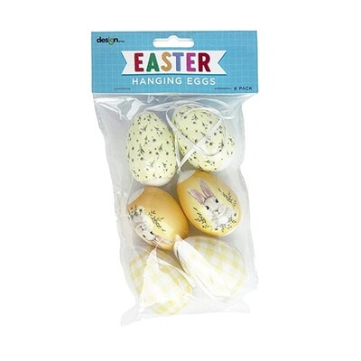 Easter Hanging Plastic Yellow Patterned Egg Decorations Pk 6