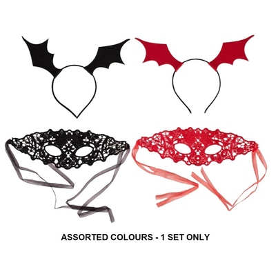 Halloween Bat Dress Up Set Headband Eyemask Black or Red