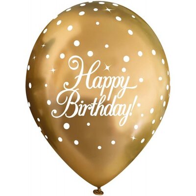 Gold Chrome Happy Birthday Sparkling Fizz Latex Balloons 28cm Pk 6