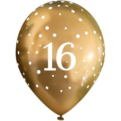 Gold Chrome 16th Birthday Sparkling Fizz Latex Balloons 28cm Pk 6