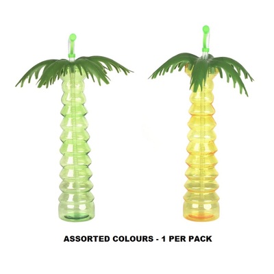 Yellow or Green Plastic Palm Tree Cup & Straw Hawaiian Reusable Pk 1