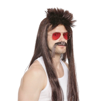 Long Brown Trucker Wig with Moustache