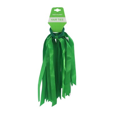 Green Hair Ties with Ribbons Pk 2 School Carnivals