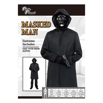 Adult Front Masked Man Black Coat Costume (Large)