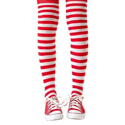 Child Red & White Stripe Over Knee Tights Stockings One Size