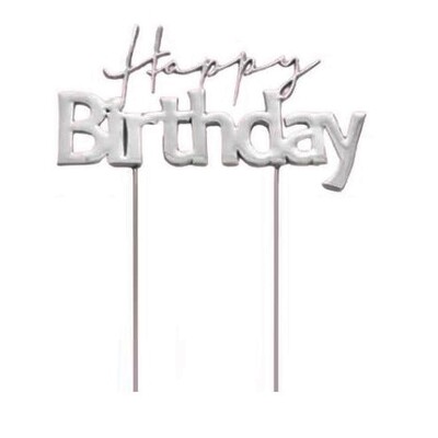 Happy Birthday Silver Metal Cake Topper