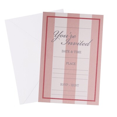 Pink & White Striped Party Invitations & Envelopes Pk 6