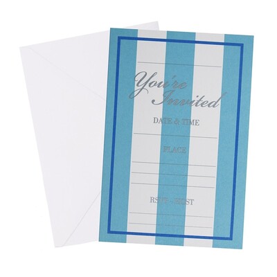 Blue & White Striped Party Invitations & Envelopes Pk 6