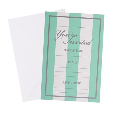 Mint Green & White Striped Party Invitations & Envelopes Pk 6