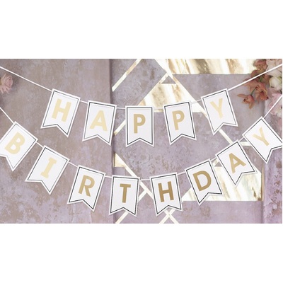 White & Gold Happy Birthday Bunting Banner Pk 1