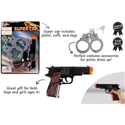 Black 8 Shot Cap Gun Pistol with Hand Cuffs