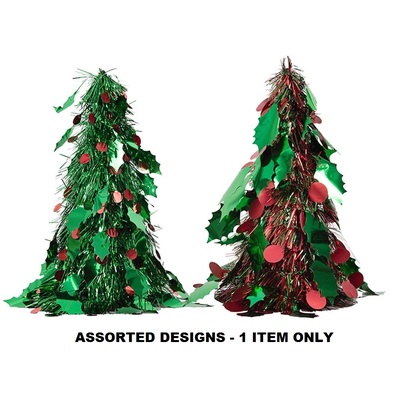 Assorted Holly & Berries Tinsel Cone Christmas Tree Decoration 26cm