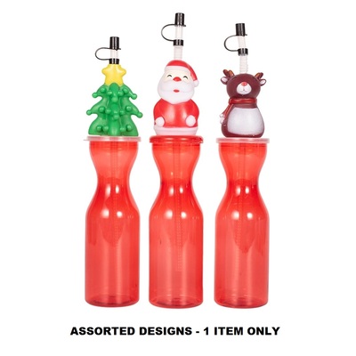 Assorted Reusable Christmas Drink Bottle with Straw 500ml Pk 1