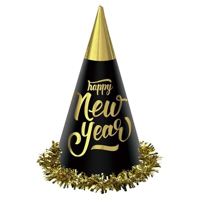 Black & Gold Happy New Years Foil Party Cone Hats Pk 24